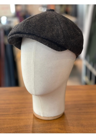 Hamze Peaky Blinders Tarz İngiliz Model Balıksırtı Desen Kaşe Kumaş Kasket Şapka Kahverengi
