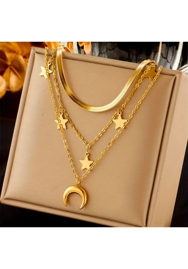Ay Ve Yıldız Çelik Kolye Altın