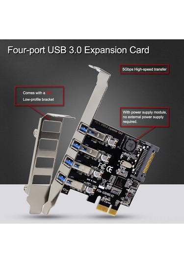 Xindoker Pcı-e 1x/4x/8x/16x Usb 3.0 Gen1 4 Portlu Genişletme Kartı, 5gbps Hız, 2a Besleme, 2u Alçak Profili Braket, Siyah - Nec720201 Çipi