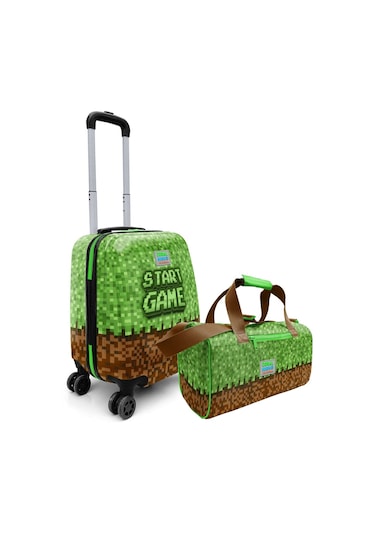 Coral High Erkek Çocuk Yeşil Kahverengi Craft Desenli Çocuk Valizi Ve Seyahat/spor Çantası Seti Çok Renkli