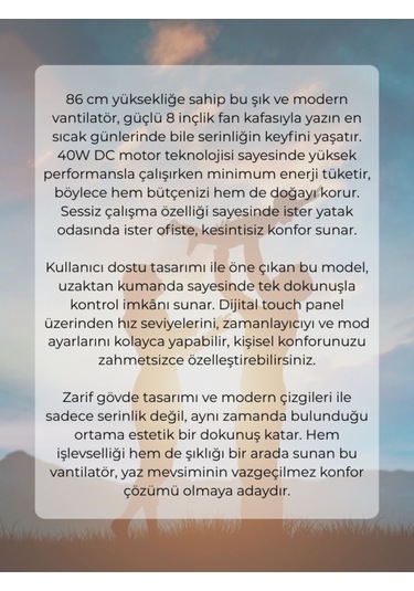 Woox 8 Inch Otomatik Sağ Sol Salınımlı Uzaktan Kumandalı Dokunmatik Ekran 86 Cm Zaman Ayarlı Vantilatör