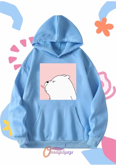 Çocuk Unisex Dil Çıkaran Köpek Baskılı Oversize Kapüşönlü Sweatshirt Mavi