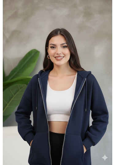 Kadın Genç Unisex Cepli Kapüşonlu Fermuarlı Sweatshirt Hırka Lacivert