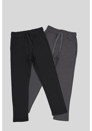 Siyah-antrasit Kalın Pamuklu Beli Lastikli Yan Cepli 2'li Erkek Çocuk Eşofman Altı 001
