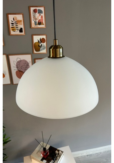 Perry Beyaz Cam Tekli Avize Yarım Lale Başlık Retro Sarkıt Lamba Restoran Salon Aydınlatma Beyaz