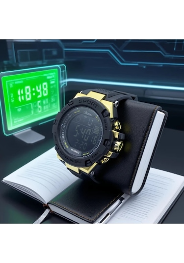 Primepickings Siyah Altın Erkek Spor Dijital Alarmlı Su Geçirmez Lüminesant Kadranlı Genç Saati Diğer