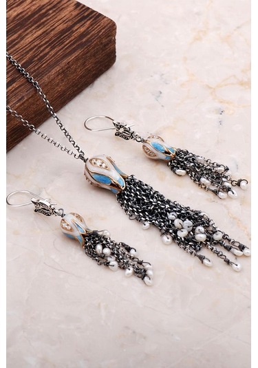 Mineli Laleli Tasarım Uzun Kolyeli Ikili Set 2035 472051175