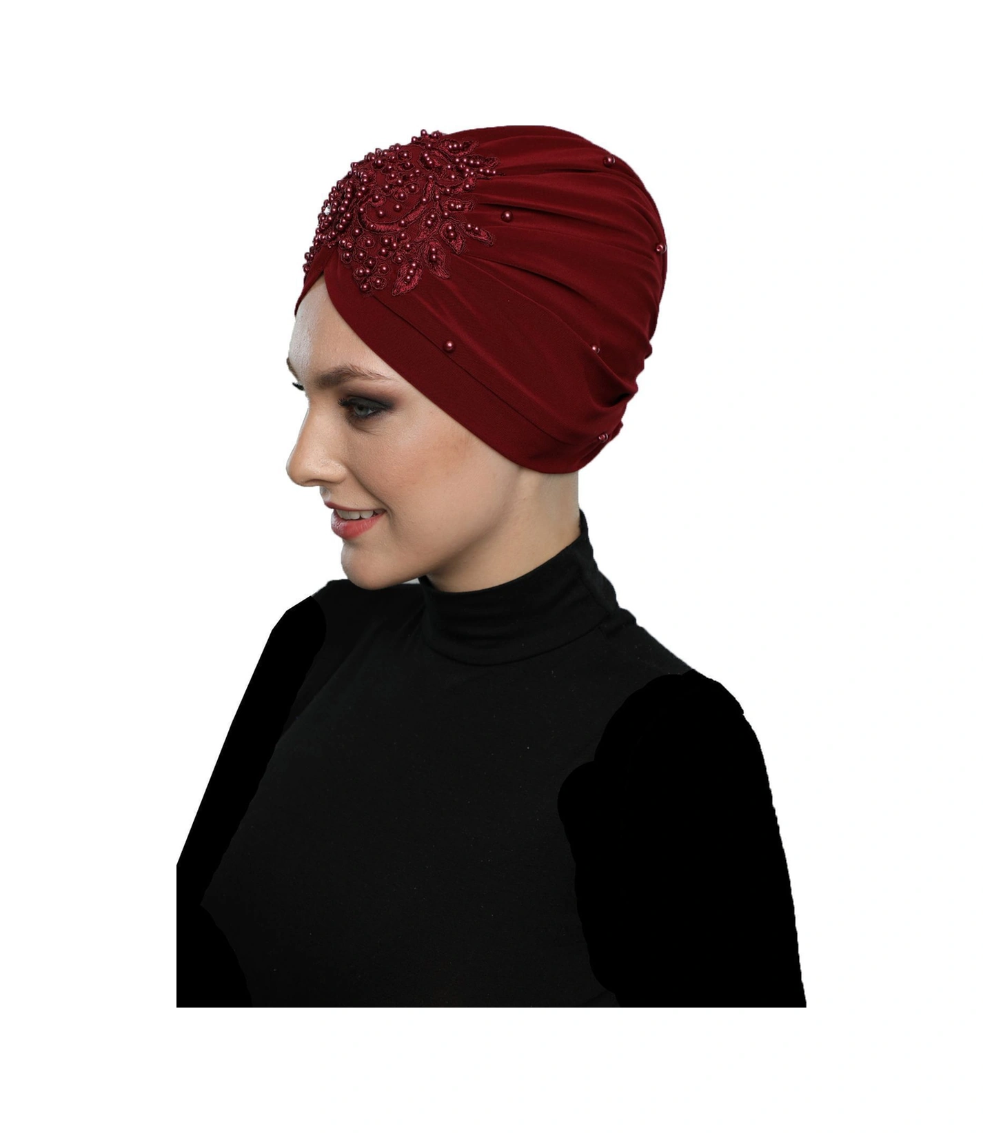 Kopma Astarlı İşlemeli Bordo Gül Dantel Motifli Hazır Türban Tesettür Abiye Bone Bordo Gül