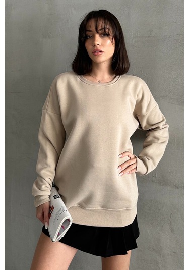 Kadın Bej Bisiklet Yaka Oversize Sweatshirt Bej