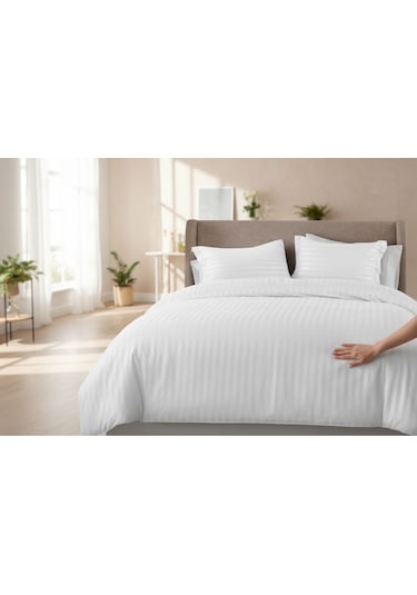 Nivora Çizgili Pamuk Saten Nevresim Takımı Çift Kişilik Premium 83 Tel Otel Serisi King Size 220x230 Beyaz