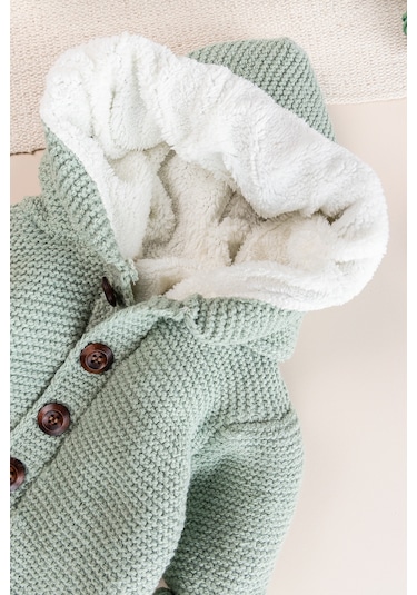 Triko Örme Welsoft Astarlı Kapüşonlu Kışlık Bebek Tulum Yeşil