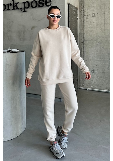 Modagen Unisex Bej Bisiklet Yaka Düz Oversize Alt-üst Eşofman Takımı Bej