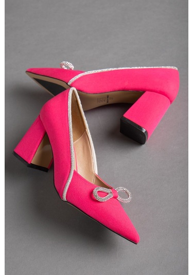 Saten Taşlı Kalın Topuk Fuşya Kadın Stiletto-2034-Fusya Fuşya