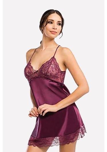 Nbb Kadın Mürdüm Dantel Detaylı Saten Gecelik (544176352)