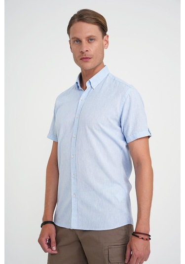 Comfort Fit Düğme Yaka Kısa Kol %100 Keten Düz Mavi Gömlek G 1596 Mavi