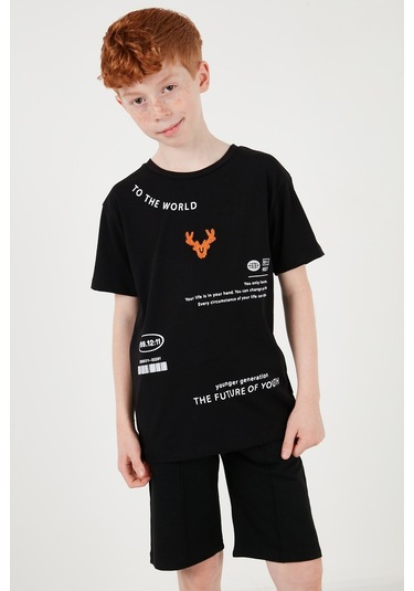 Lela Pamuklu Baskılı Bisiklet Yaka Kısa Kollu Şortlu Erkek Çocuk Takım 6212010 Siyah