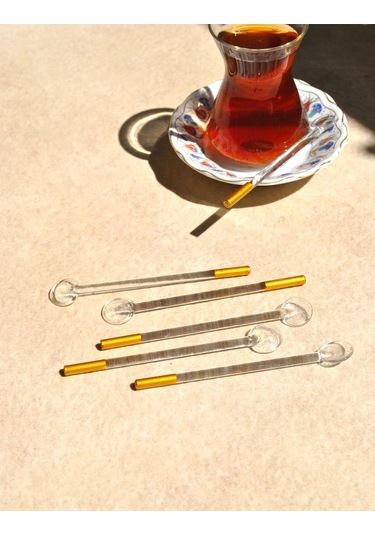 6'lı Cam Çay Kaşığı Varaklı Gold Çay Kaşık Düz Simli Gold