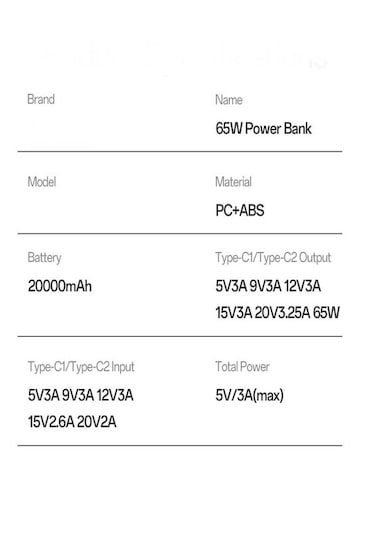 20000mah 65w Hızlı Şarjlı Dijital Göstergeli Powerbank 2x Type-c Girişli Taşınabilir Şarj Cihazı Siyah - Siyah