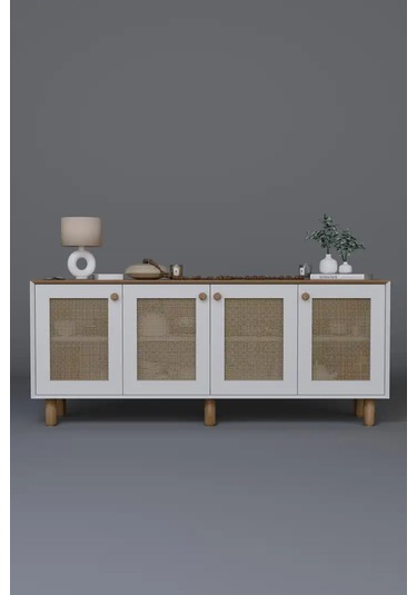 Bohem Serisi Natura Pvc Hasır Desen Mat Beyaz - Açık Ceviz Konsol Açık Ceviz & Beyaz