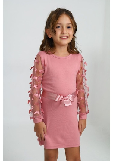 Belden Bağlamalı Tül Detaylı Çocuk Elbise Mykids Collection Pembe