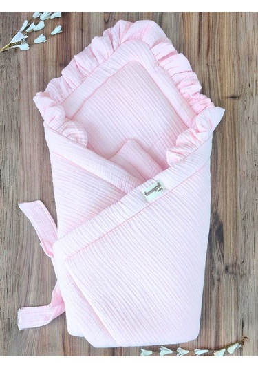 Ekru 4 Kat Müslin Bebek Battaniyesi %100 Pamuklu Doğal Organik Uyku Kundağı Hastane Çıkışı Yenidoğan Pembe