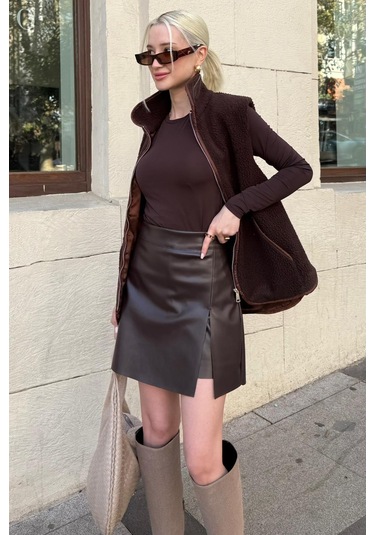 Acı Kahverengi Mini Boy Kadın Deri Etek Mg2298 Acı Kahverengi