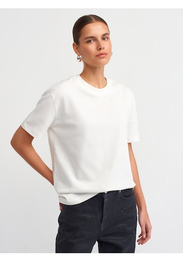 Dilvin Dekoratif Dikişli Bisiklet Yaka Tshirt Ekru