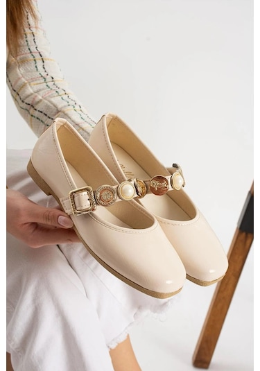 Günlük Kadın Babet Altın Para İnci Toka Ses Yapmaz Ortopedik Hafif Rahat Ayakkabı 110 Bej