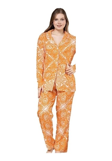 Yaren Collection Pamuklu Kadın Pijama Takımı Uzun Kollu Nefes Ala Turuncu