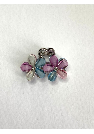 Karışık Renkli Taşlı Çiçek Gümüş Detaylı Metal Mandal Toka 4 Cm Çok Renkli