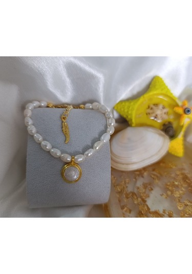 Sedef Dolgulu Altın Kaplama Gerçek İnci Tasarım Kolye El Yapımı Çok Renkli