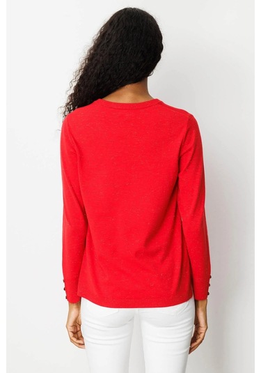 Desen Triko Kadın V Yaka Kolları Düğmeli Simli Bluz 23393 Açık Kırmızı Açık Kırmızı