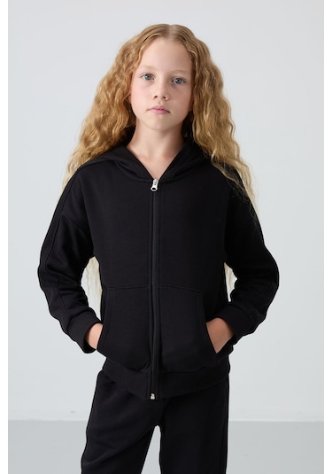 Tommy Life Siyah Pamuklu İçi Tüylü Yumuşak Dokulu Standart Fit Nakışlı Kız Çocuk Eşofman Takım - 75148 Siyah