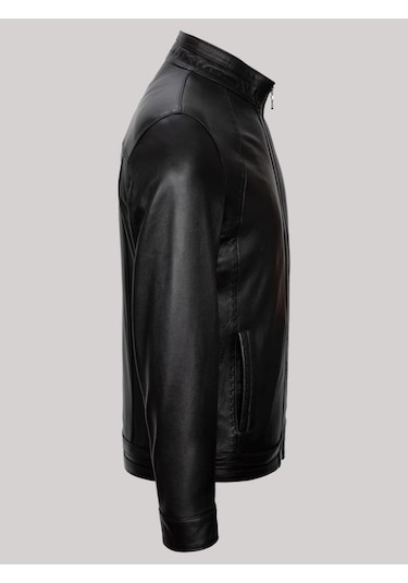 Hakiki Kuzu Derisi Siyah Erkek Deri Mont Düz Slim Fit Hakim Yaka Deri Ceket Siyah