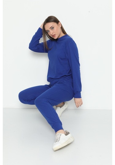 Kadın Bisiklet Yaka Pamuklu Uzun Kollu Pijama Takımı 28244 Saks