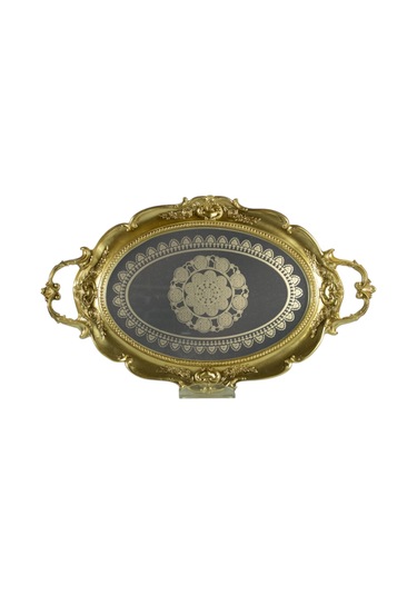 Polyester Desenli Oval Epoksi Cam Tepsi - Gold Gold