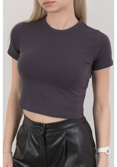 Giysa Kadın Bisiklet Yaka Pamuklu Basic T-shirt Antrasit Ms0000102 Antrasit