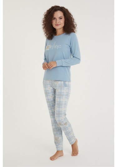 Luxury Thermal Online Çiçek Desenli Kadın Polar Kışlık Pijama Takımı 42063 Mavi