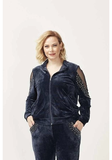 1950 Kolları Taşlı Tam Kalıp Tarz Kadife Büyük Beden Eşofman Takım Lacivert Lacivert