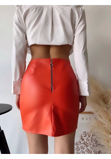Tek Yırtmaçlı Arkadan Fermuarlı Deri Etek Turuncu S24475 Turuncu