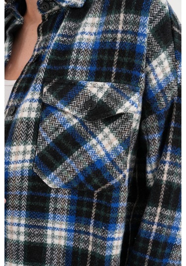 Kadın Desen Bloklu Oduncu Oversize Bol Ve Geniş Kalıp Casual Cepli Yakalı Ceket Gömlek Lacivert