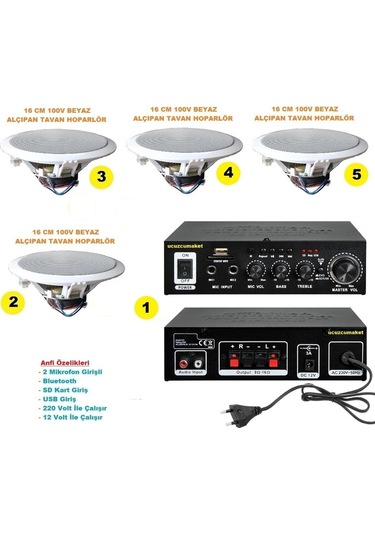 Tavan Hoparlör Seti 1 Adet Anfi+4 Adet 100v 16cm Tavan Hoparlör