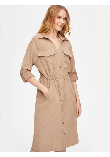 Kendinden Dokulu Şönil Gömlek Elbise 69228 U6922872 Taş