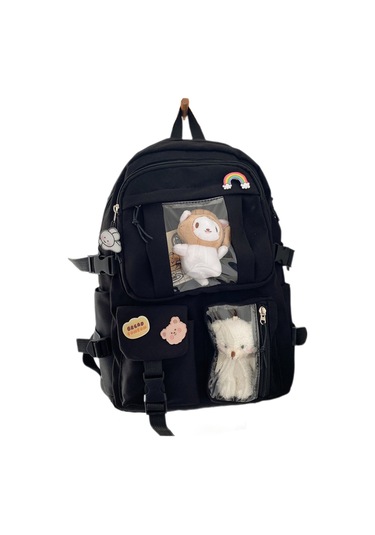 Yifomall Siyah Nilon Çift Omuz Çantası - 2 Figür + 4 Rastgele Badge, Çoklu Cepli, Şeffaf Pencere, Ayarlanabilir Askılar, Öğrencilere Ve Sevimli Stilleri Severlere Uygun Siyah