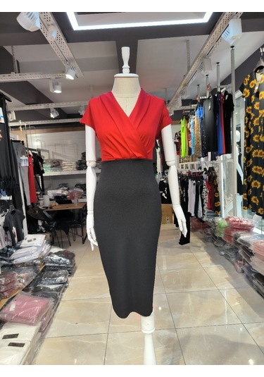 Kadın Kısa Kollu Kruvaze Yaka Krep Elbise Kemersiz Kırmızı