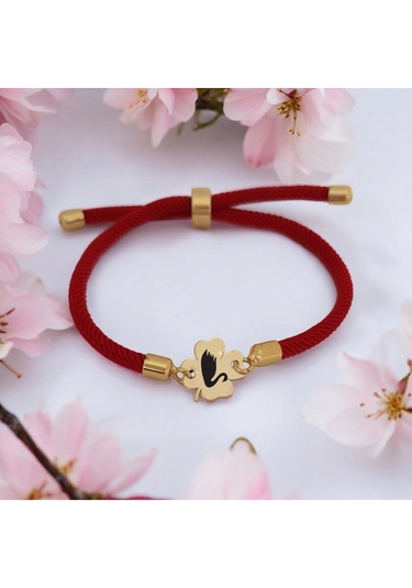 Çiçek Figürlü Örgü İpli 14 Ayar Altın Plakalı Kuğu Sembollü Hediye Bileklik-324sembol-kırmızı Altın