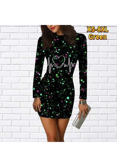 Yeşil Uzun Kollu Bodycon 3d Aşk Devre Baskı Elbise Kadın Mini Elbiseler Sonbahar Sıska Sıkı Parti Vestidos