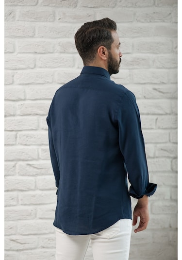 Regular Fit Yaka Düğmeli Yazlık Modal Kumaş Erkek Gömlek Lacivert