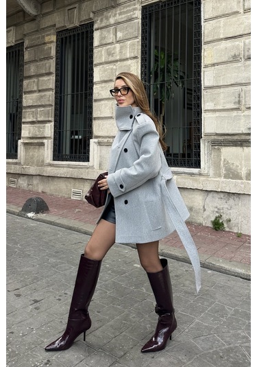 Gri Ek Parça Yaka Detaylı Kaşe Kaban - 1125 Gri