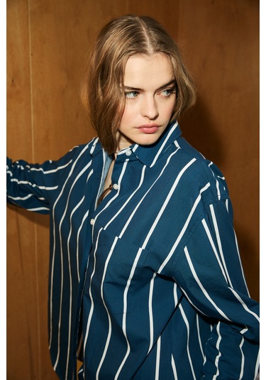 Grimelange Grımelange Mırel Kadın Oversize Fit %100 Organik Pamuklu Lacivert-çizgili Gömlek